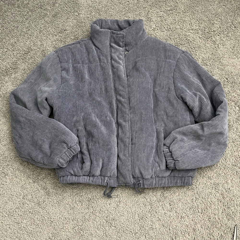 Ashley Outerwear Gray Ribbed Corduroy Zip & Snap Coat Size M